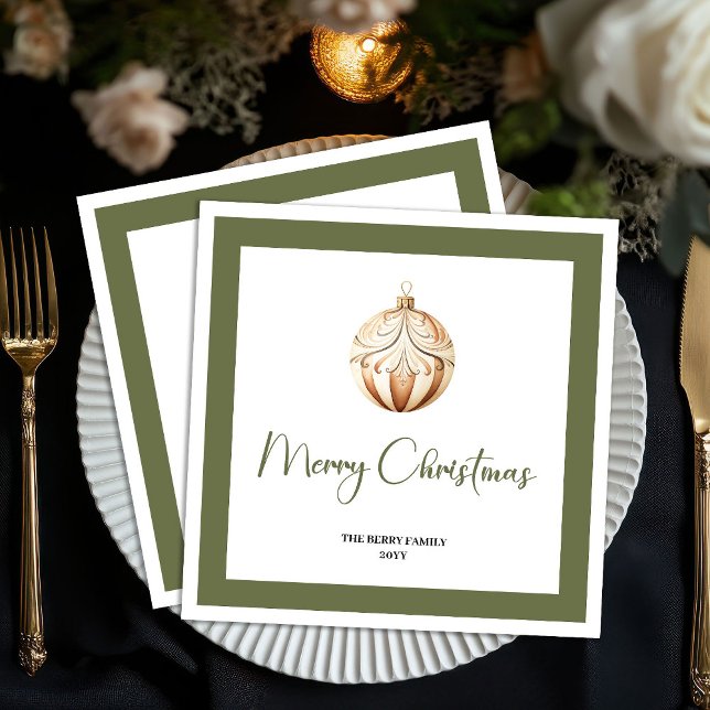 Elegant Earthy Christmas Ball Family Name Napkins Pappersservett (Personalized Earthy Christmas Tree Family Name Napkins)