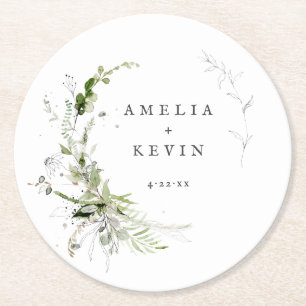 Elegant Earthy Greenery Personlig Namn Datum Pa Underlägg Papper Rund