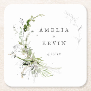 Elegant Earthy Greenery Personlig Namn Datum Underlägg Papper Kvadrat