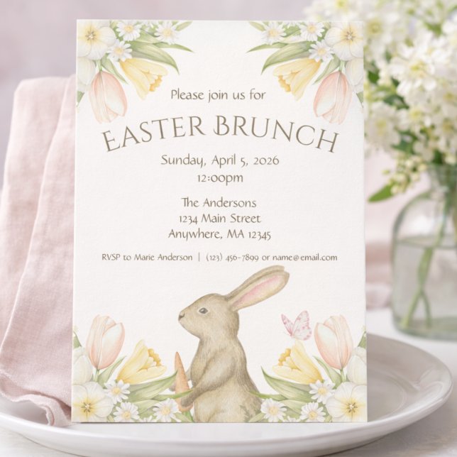 Elegant Easter Brunch Invitation | Bunny & Tulips Julkort (Skapare uppladdad)