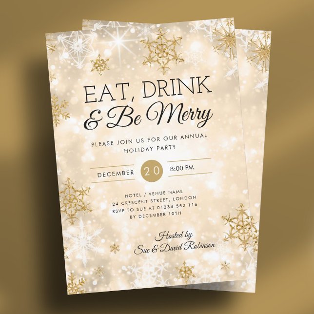 Elegant "Eat & Drink" Guld Helgdag jul Party Inbjudningar (Elegant "Eat & Drink" Gold Holiday Christmas Party Invitation)