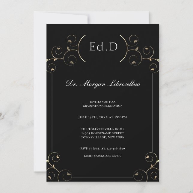 Elegant Ed.D Guld Black Studenten Inbjudningar (Framsida)