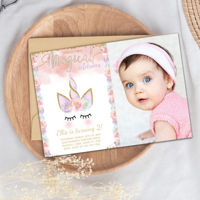 Elegant Editable Party Inbjudan (Copper Color Unicorn Birthday Invitations)