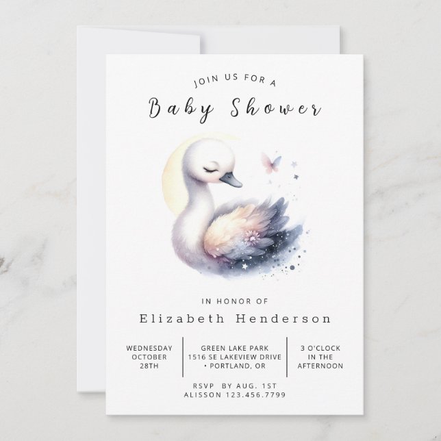 Elegant Editable Svan Baby Shower Inbjudningar (Framsida)