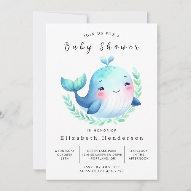 Elegant Editable Whale Baby Shower Inbjudningar (Framsida)