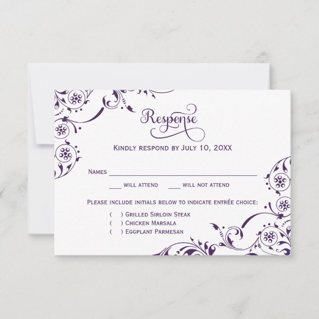 Elegant Eggplant Lila Scrolls Bröllop OSA Kort (Framsida)