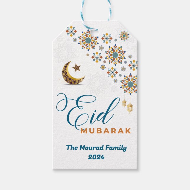 Elegant Eid Mubarak arabisk kalligrafi månar stjär Presentetikett (Framsidan)