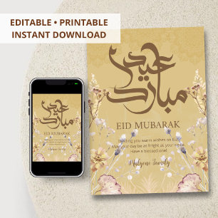 Elegant Eid Mubarak Blommig Kort - Guld Mandalas &