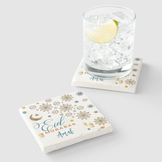 Elegant Eid Mubarak Calligraphy Måne Stars Anpassn Stenunderlägg (Sidan)