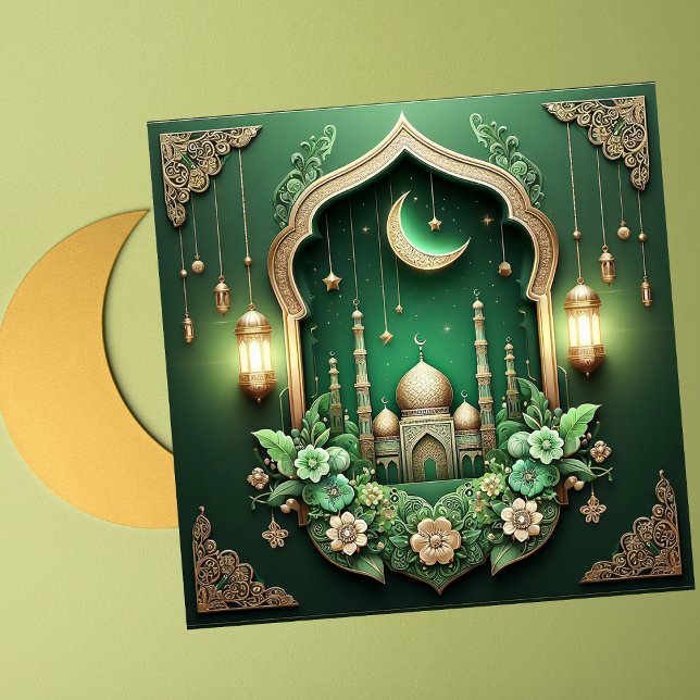 Elegant Eid Mubarak Crescent Mosque Blommigt Grönt Julkort (Skapare uppladdad)