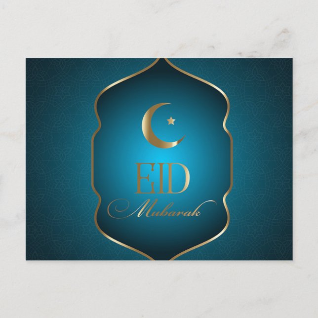 Elegant Eid Mubarak Crescent Star Guld Ram Blue Helg Vykort (Framsida)