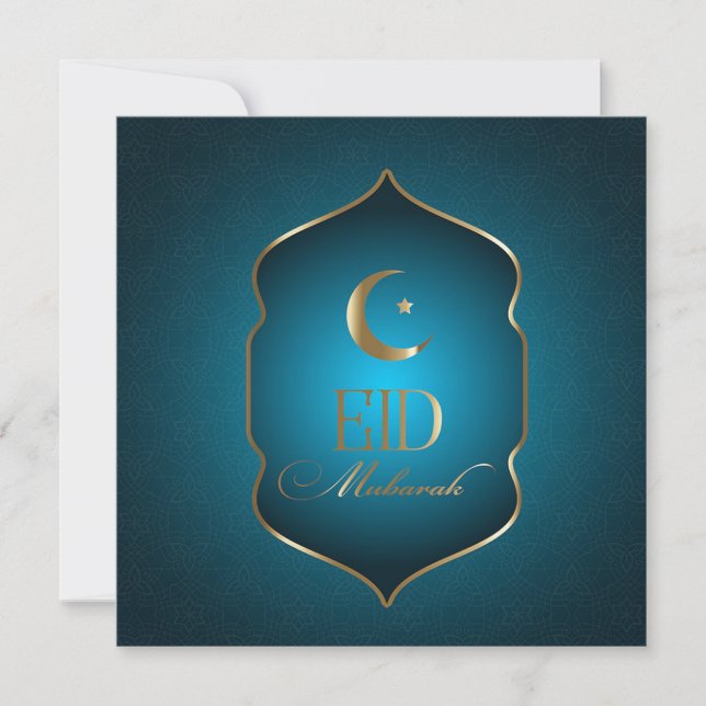Elegant Eid Mubarak Crescent Star Guld Ram Blue Julkort (Framsida)