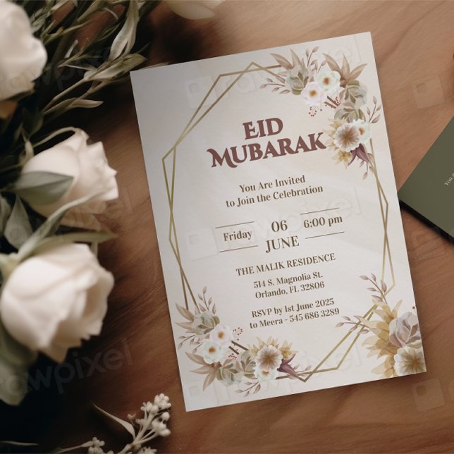 elegant eid mubarak-inbjudan Floral Beige Muslim Julkort (Skapare uppladdad)