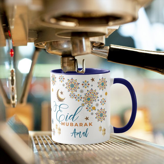 Elegant Eid Mubarak kalligrafi måne stjärnor anpas Mugg (eid mubarak mugs eid al fitr arabic calligraphy ramadan muslim islamic arabic gold blue moon stars )