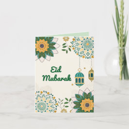 Elegant-Eid-mubarak-kort med lanternor och Blommig Helgkort