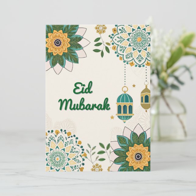 Elegant-Eid-mubarak-kort med lanternor och Blommig Julkort (Stående Fram)