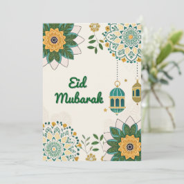 Elegant Eid Mubarak-kort med lyktor och blommor Julkort