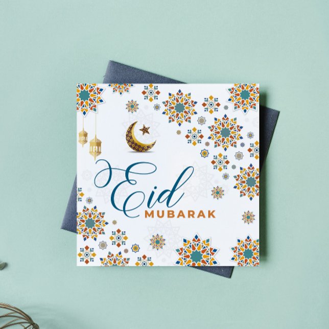 Elegant Eid Mubarak Måne Stjärnor Julkort (eid cards happy mubarak eid al adha islam calligraphy ramadan kareem arabic muslim moon white blue)