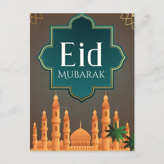 Elegant Eid Mubarak Moské Skyline Art Helg Vykort (Framsida)