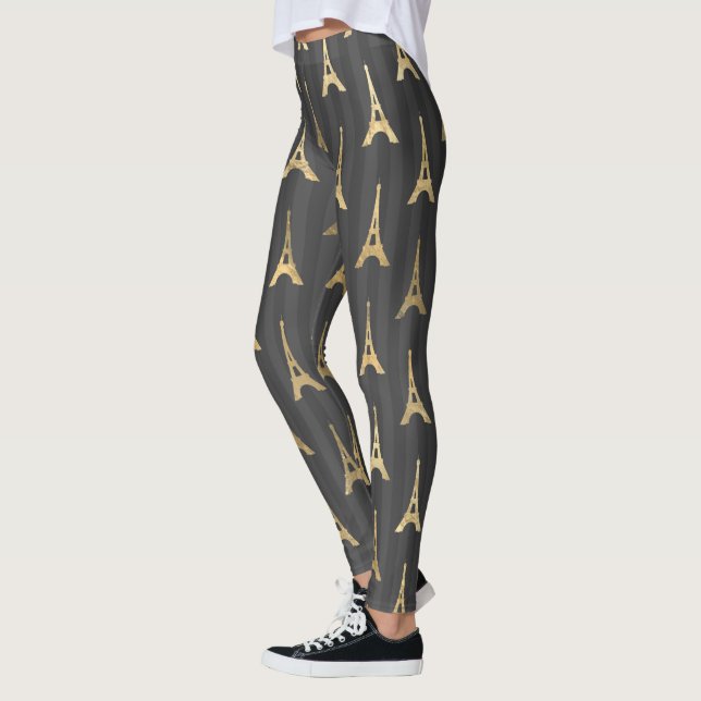 Elegant Eiffel Torn Frankrike Gult Black Lodrät Leggings (Vänster)