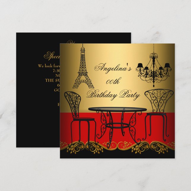 Elegant Eiffeltorn Röd Guld Paris Födelsedagsfest Inbjudningar (Fram/baksida)