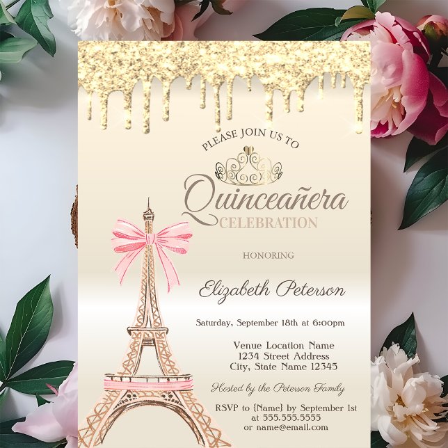 Elegant Eiffeltornbåge Drippar Guld Quinceañera  Inbjudningar (Skapare uppladdad)