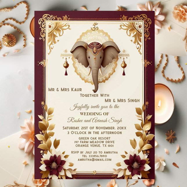 Elegant Elefant Ganska Ganesha Blommig Indisk  Inbjudningar (Elegant Elephant Auspicious Ganesha Floral Indian Invitation)