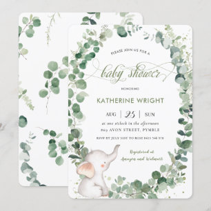 Elegant Elefantgrönska Könsneutral Baby Shower Inbjudningar