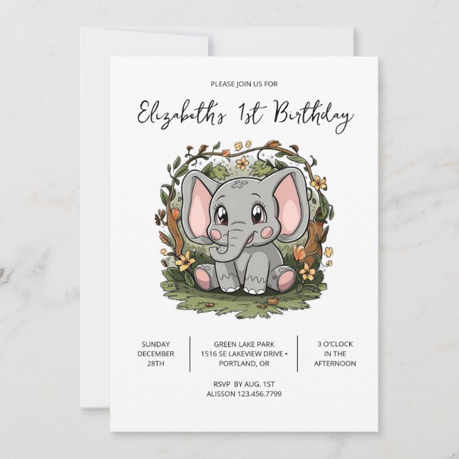 Elegant Elephant 1st Birthday Digital Inbjudningar (Framsida)