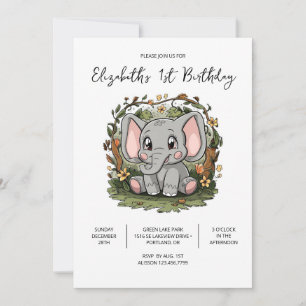 Elegant Elephant 1st Birthday Digital Inbjudningar