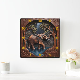 Elegant Elephant Amidst Tranquil Waterfall Scene Fyrkantig Klocka