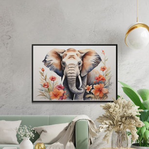 Elegant Elephant & Blommigt Watercolor Art Poster