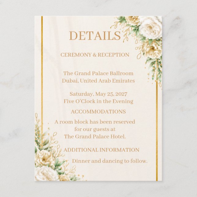 Elegant Elfenben & Guld Blommig Bröllopssvit Kolle Tilläggskort (Framsida)