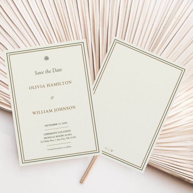 Elegant Elfenben & Guld Grön Kant 5x7 Spara Datumet (Elegant save the date card with monogram back — timeless wedding stationery.)