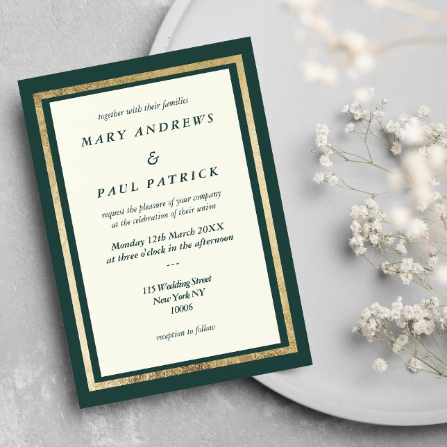 Elegant elfenben guld grönt glam Bröllop Inbjudningar (Elegant ivory gold forest green glam Wedding)