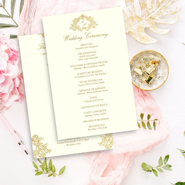 Elegant, elfenben och guld vintage bröllop (Elegant ivory and gold vintage ornament frame crest monogram wedding program template)