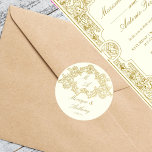 Elegant elfenben och guld vintage bröllop mall runt klistermärke<br><div class="desc">Elegant rococo för elfenben och guld vintage,  ram monogram bröllop-malldetiketter för brid och groom-klistermärken för namn</div>