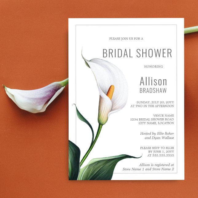 Elegant Elfenben Vit Calla Lily Bröllopsdusch Inbjudningar (Elegant white calla lily bridal shower invitation front view.)