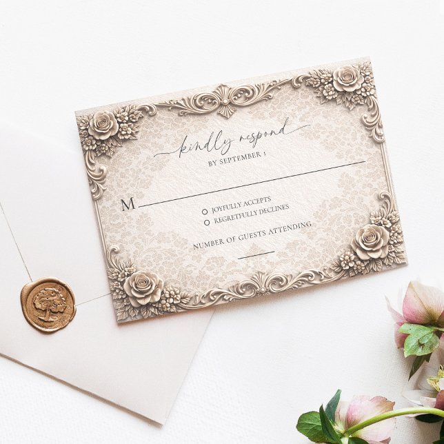 Elegant Elfenbensbarock Bröllopsvarskort OSA Kort (Elegant Ivory Baroque Wedding RSVP Response Card )