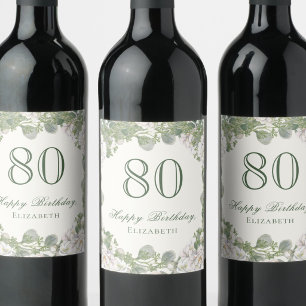 Elegant Elfenbensfärgad Blommig 80-års Födelsedags Vinflaska Etikett