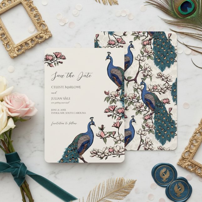 Elegant Elfenbensfärgad Blommig Påfågel Bröllop Spara Datumet (Ivory Peacock Save the Dates for Modern Bird Wedding. Vintage Floral Peacock Chinoiserie Engagement )