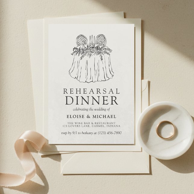 Elegant Elfenbensfärgad Handritad Illustrationsrep Inbjudningar (Elegant Ivory Sweetheart Table Rehearsal Dinner Invitation)