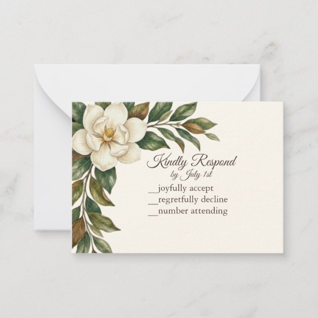 Elegant Elfenbensfärgad Magnolia Bröllop RSVP Anteckningskort (Framsida)