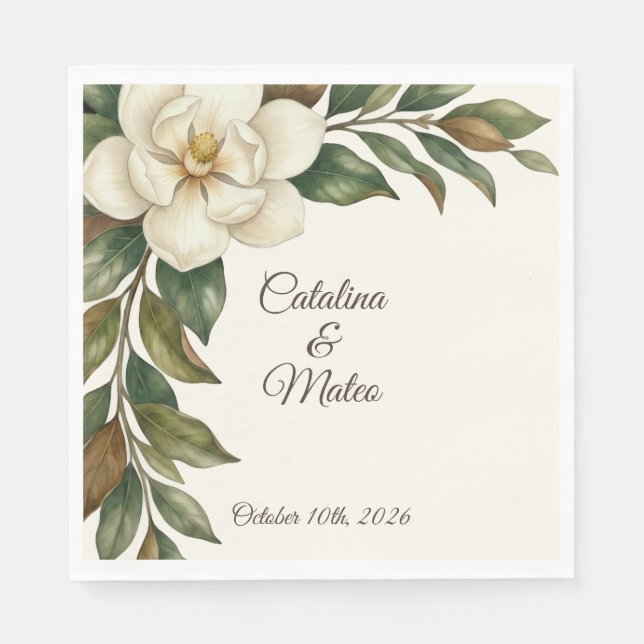 Elegant Elfenbensfärgad Magnolia-Hochzeit Pappersservett (Framsidan)