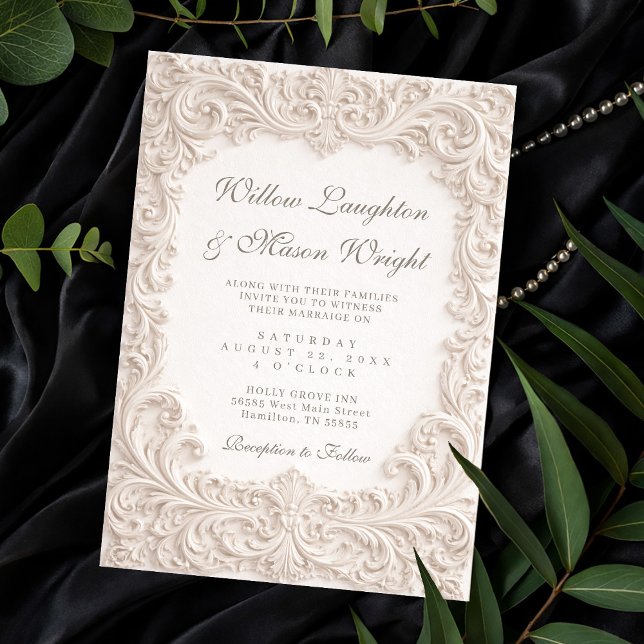 Elegant Elfenbensfärgad Rokoko-rullning Bröllopsin Inbjudningar (Elegant Ivory Rococo Scroll Wedding Invitation)