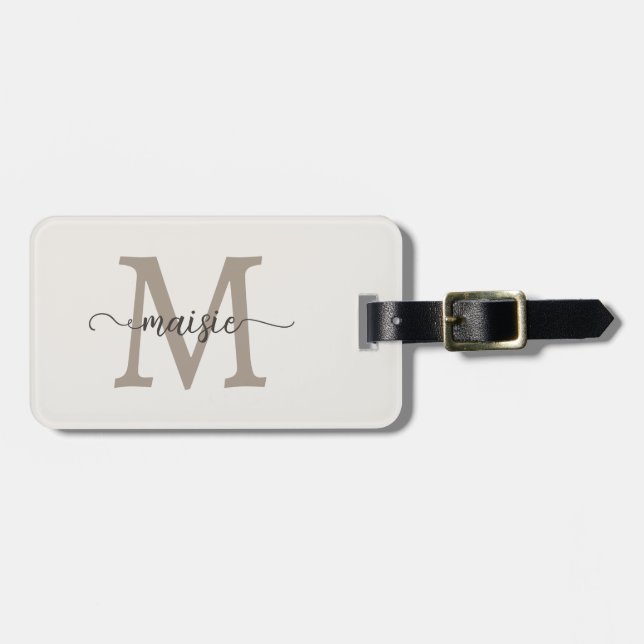 Elegant Elfenbensfärgad Taupe Monogram Initial Bok Bagagebricka (Horisontell Framsida)