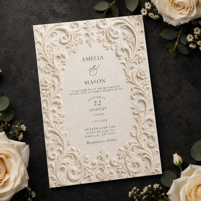 Elegant Elfenbensfärgade Blommiga Barocka Bröllop Inbjudningar (Elegant Ivory Floral Scrollwork Baroque Wedding Invitation)