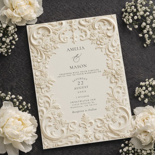 Elegant Elfenbensfärgade Präglade Barock Bröllop Inbjudningar (Elegant Ivory Embossed Style Baroque Wedding Invitation)