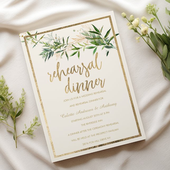Elegant elfenbensgrön guld bladövning Middag Inbjudningar (Elegant ivory green gold foliage Rehearsal Dinner)