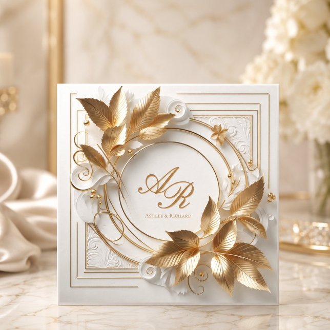 Elegant Elfenbensgul Bröllopsinbjudan Inbjudningar (elegant opulent ivory gold foliage classic luxury chic wedding invitation)